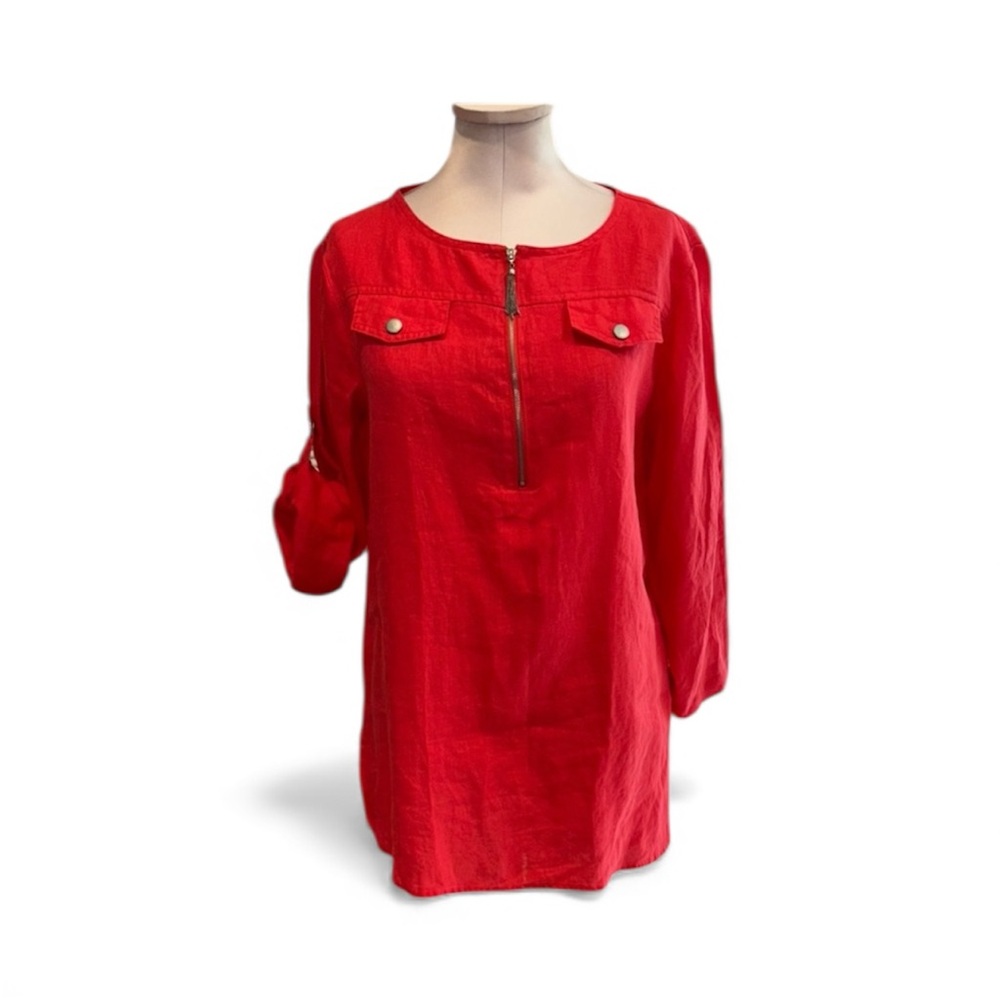 Ellen Tracy Linen Top with Zipper Detail and Roll Tab Sleeves Size Small